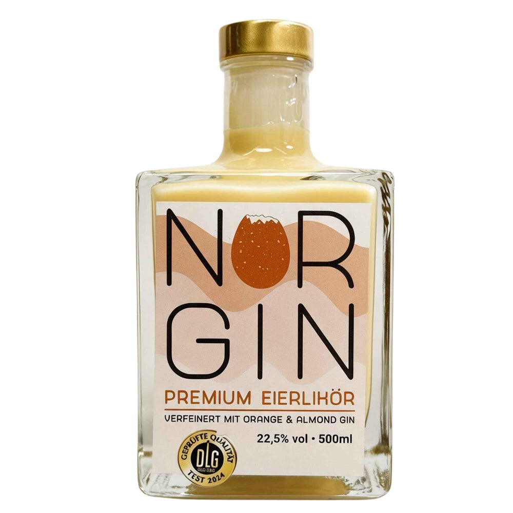 Flasche Norgin Eierlikör auf Basis von Orange & Almond Gin, cremig und elegant