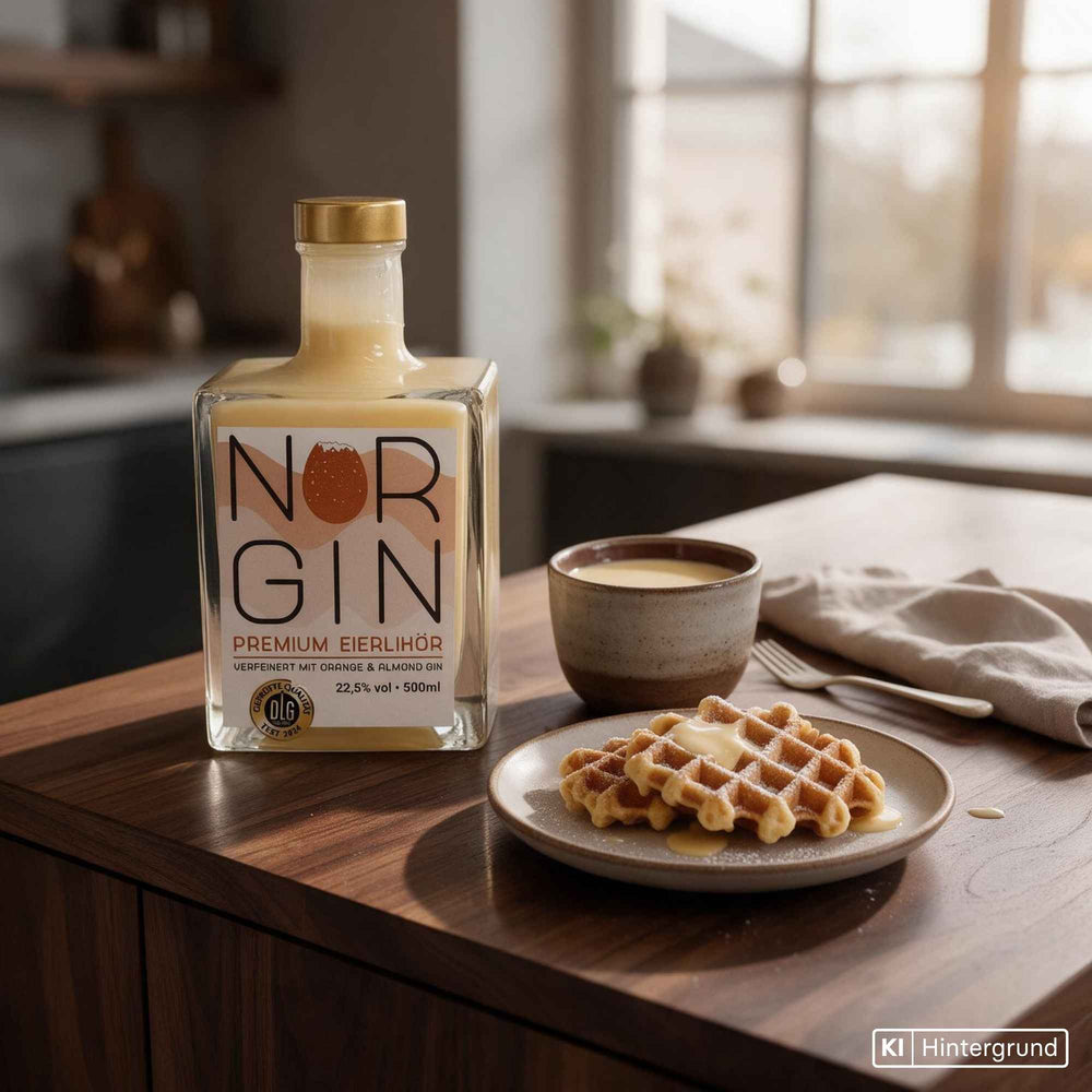 Flasche Norgin Eierlikör auf Basis von Orange & Almond Gin, cremig und elegant