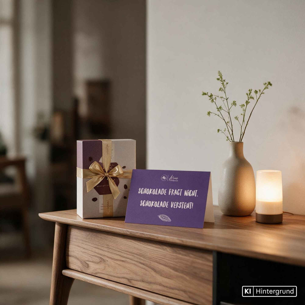 Postkarte mit dem Spruch „Schokolade fragt nicht. Schokolade versteht!“