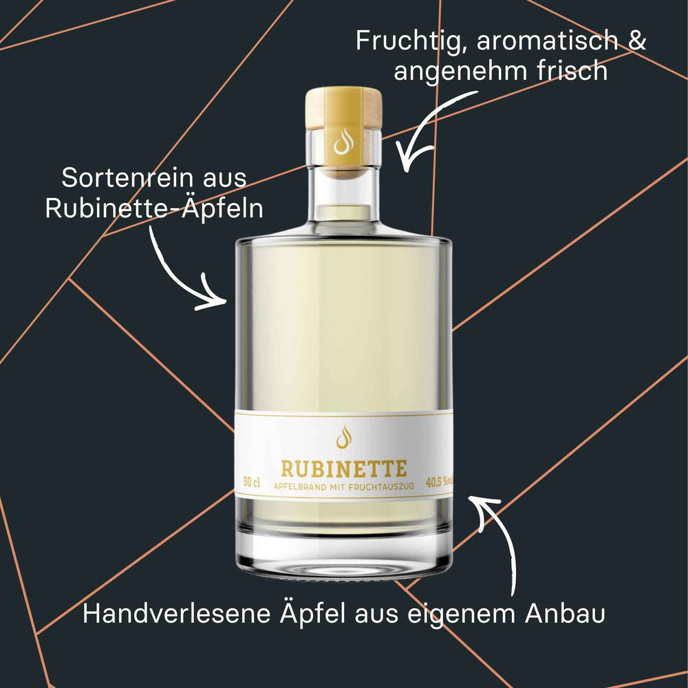 Brennlust Rubinette - fruchtiger Apfelbrand aus Rubinette-Äpfeln in klarer Flasche.