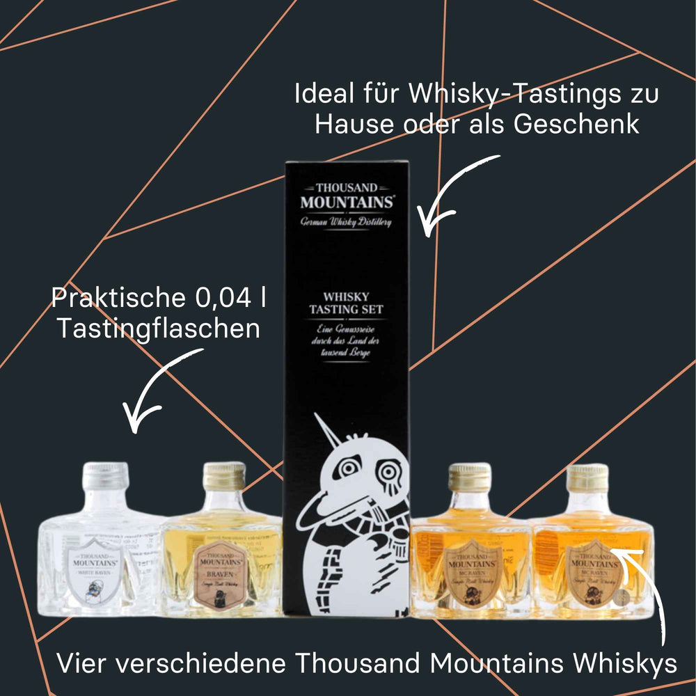 Thousand Mountains 4er Whisky Tastingset mit vier 0,04-l-Whiskyflaschen
