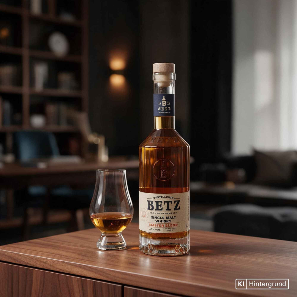 Betz Single Malt Whisky Master Blend - bernsteinfarbener Whisky in hoher Flasche und elegantem Etikett.