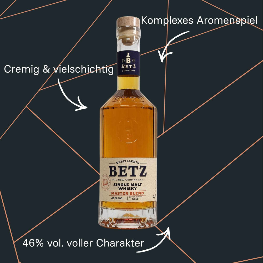 Betz Single Malt Whisky Master Blend - bernsteinfarbener Whisky in hoher Flasche und elegantem Etikett.