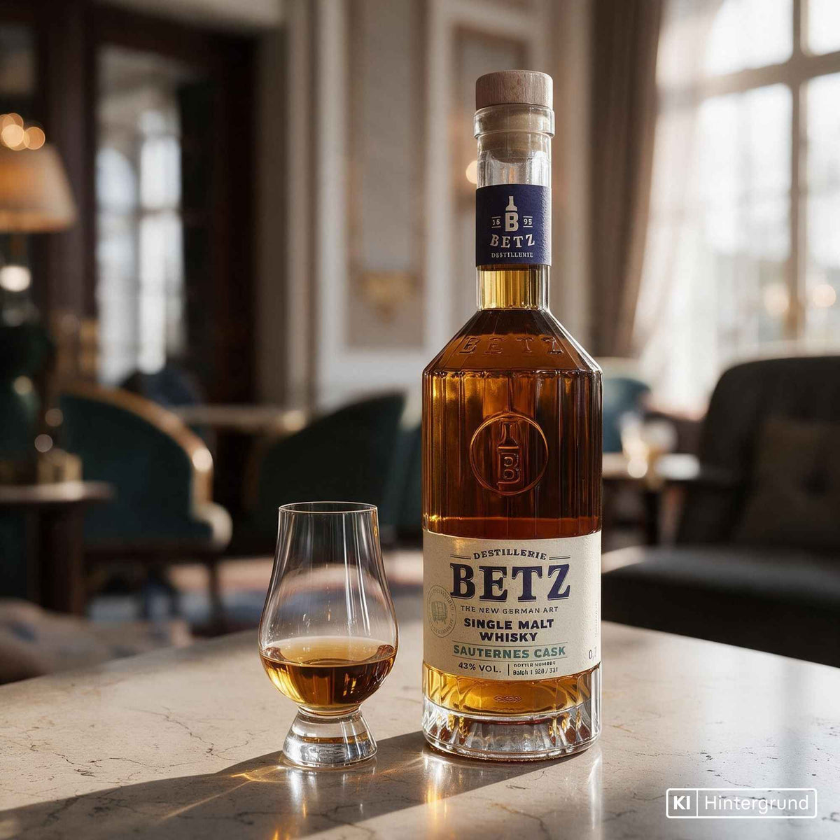 Betz Single Malt Whisky Sauternes Cask - kräftige Farbe in hoher Whiskyflasche.
