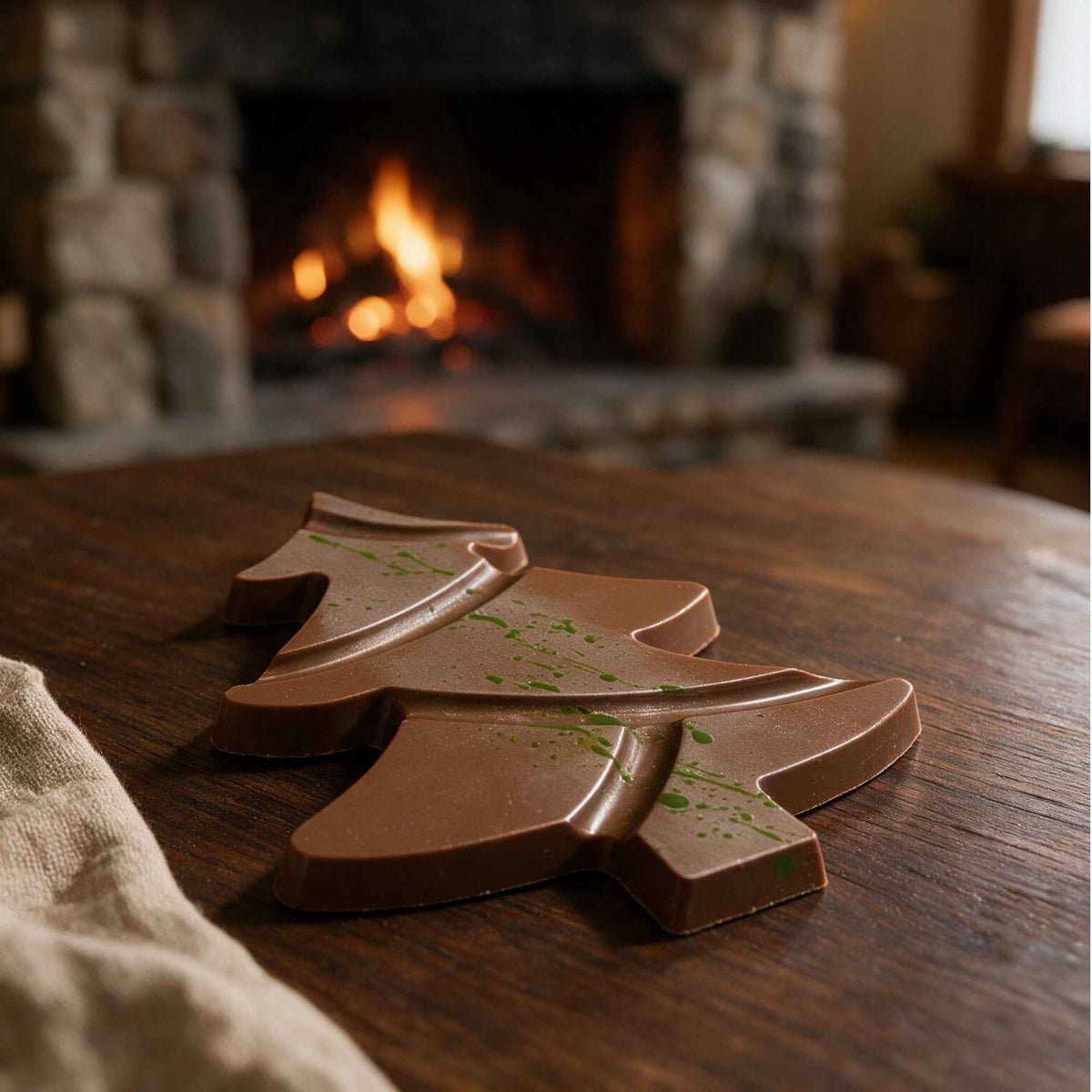 Tafel aus Vollmilchschokolade in festlicher Tannenform mit weihnachtlichem Design