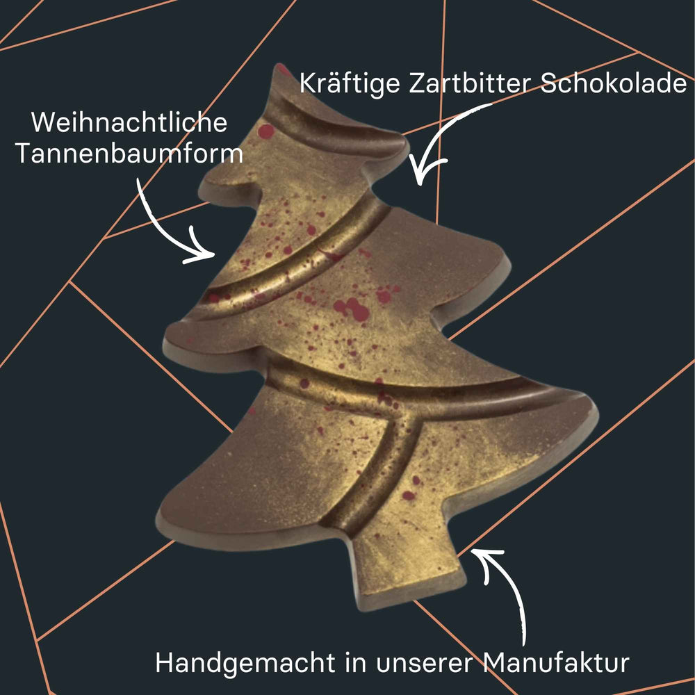 Tannenförmige Tafel aus Zartbitterschokolade mit festlicher Gestaltung