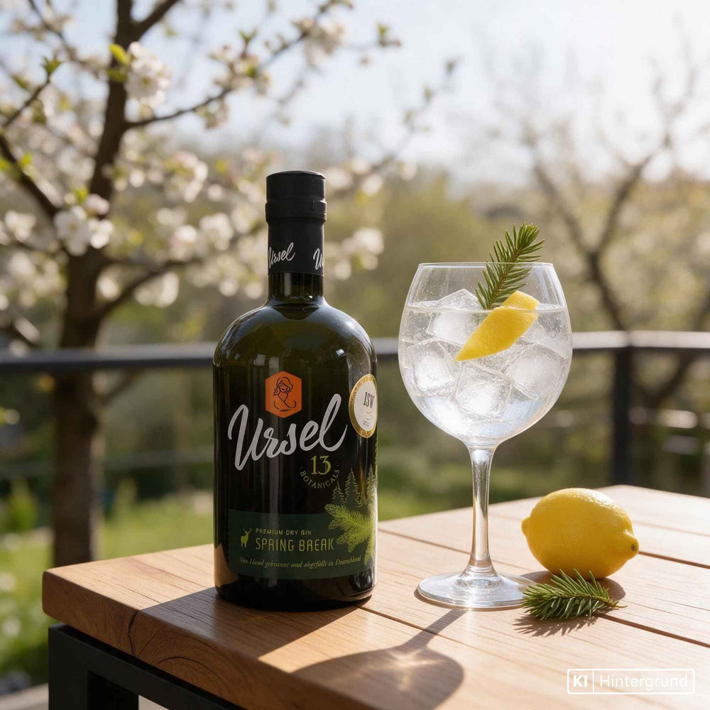 Flasche Ursel Dry Gin Spring Break mit floraler Gestaltung