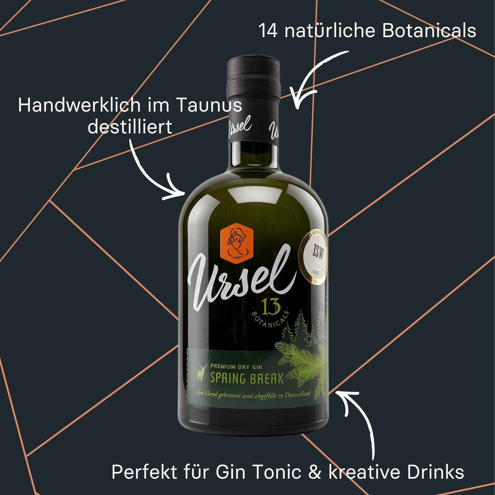 Flasche Ursel Dry Gin Spring Break mit floraler Gestaltung