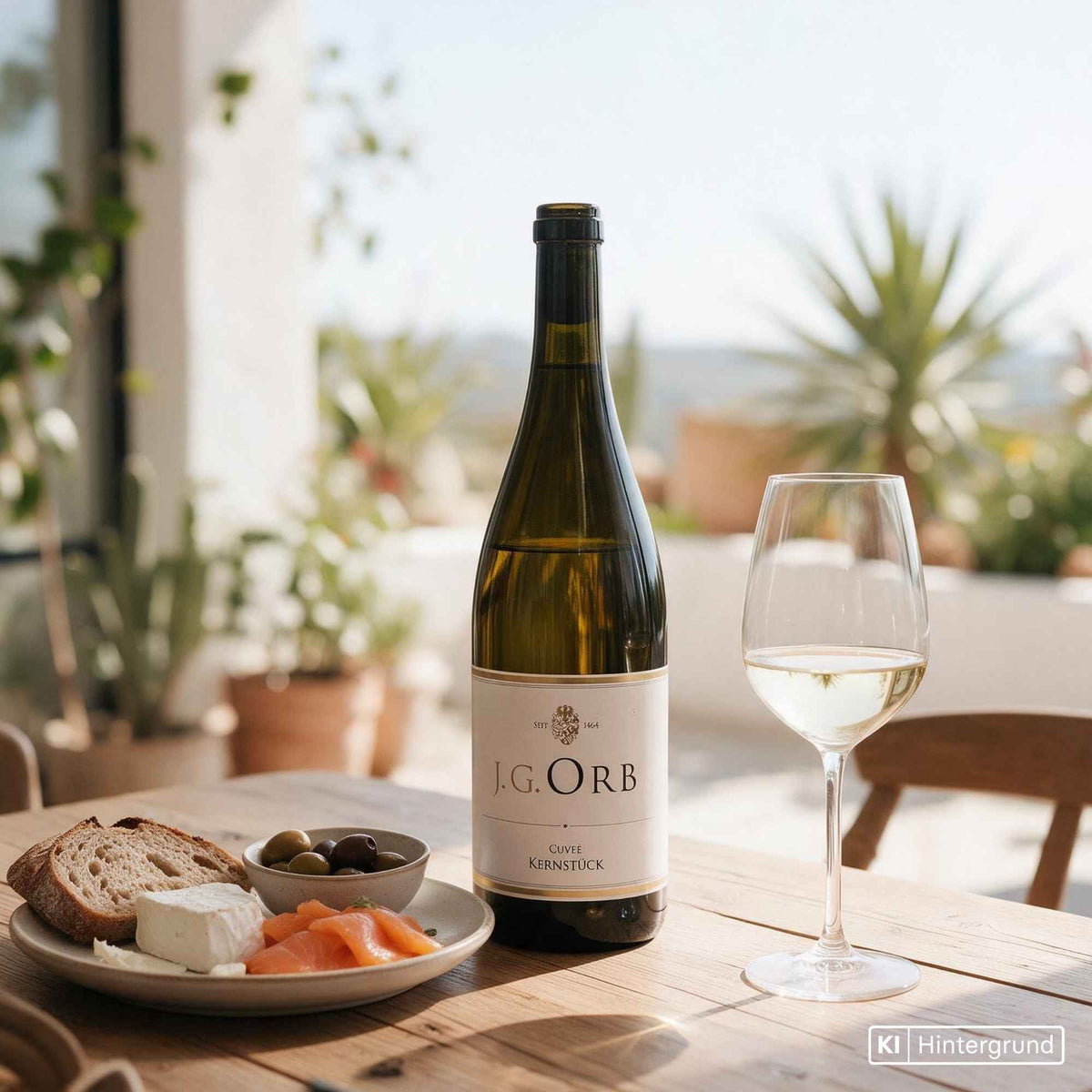 Flasche Kernstück Weißwein-Cuvée vom Weingut Orb mit heller Etikettierung