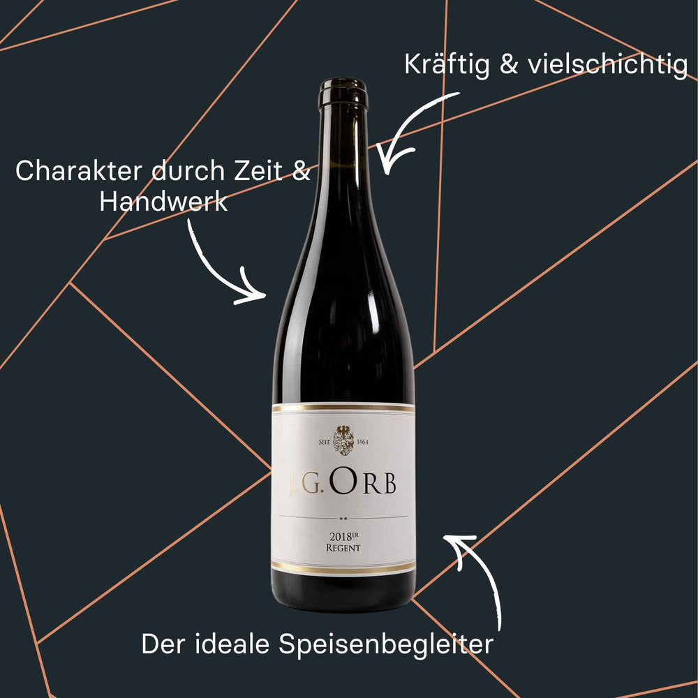 Flasche Regent Rotwein vom Weingut Orb - kräftig, fruchtig, elegant