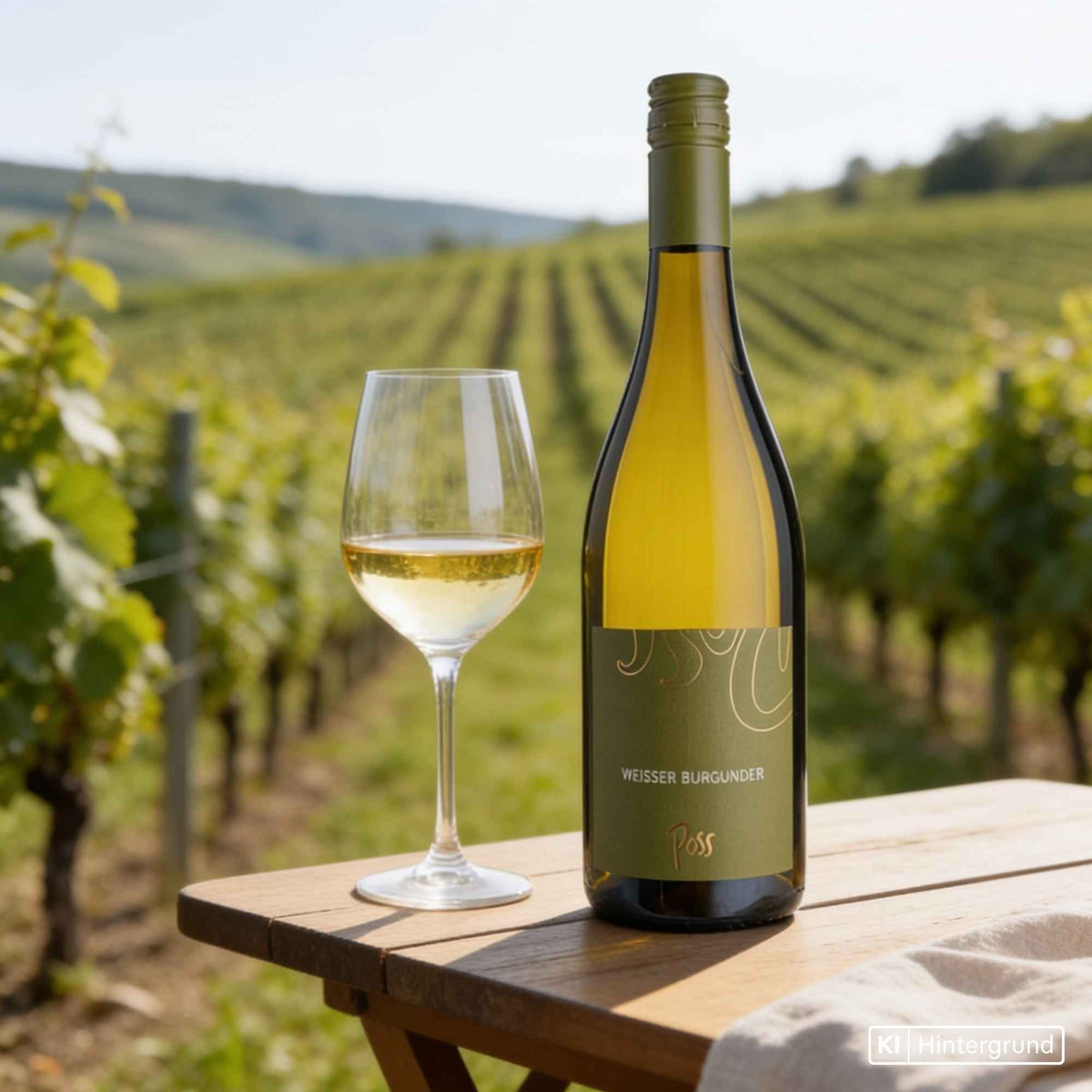 Flasche Weißer Burgunder vom Weingut Poss mit stilvollem Etikett