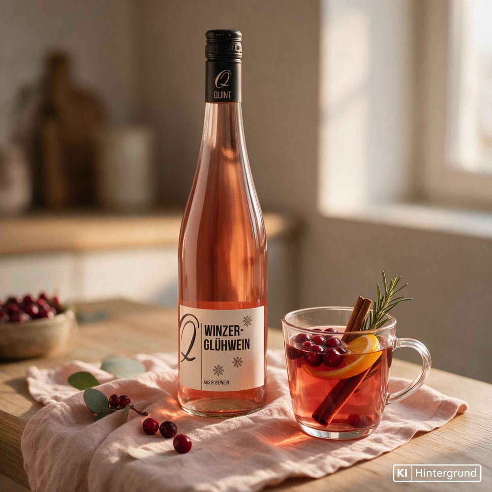 Winzer-Glühwein rosé „Ein Wintermärchen“ vom Weingut Quint in klarer Flasche mit schlichtem Etikett.
