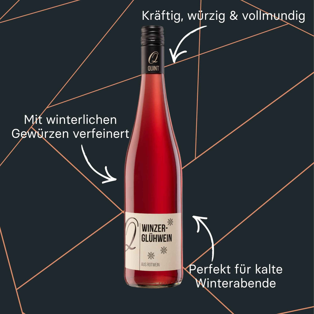 Winzer-Glühwein rot „Ein Wintermärchen“ vom Weingut Quint in klarer Flasche mit schlichtem Etikett.
