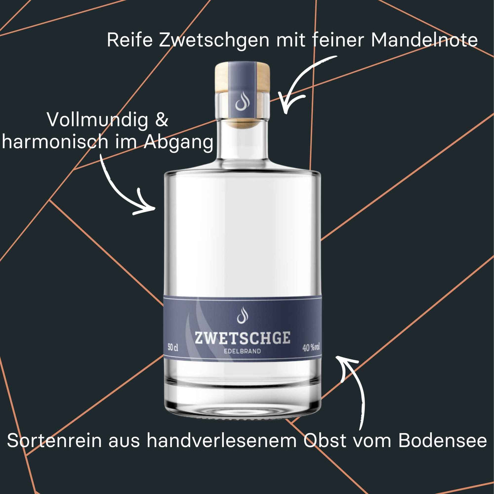 Brennlust Zwetschgenbrand - klare Fruchtspirituose aus Hauszwetschgen in eleganter Flasche.
